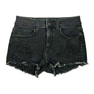 AMERICAN EAGLE AEO Shorts Hi-Rise Shortie Black Stretch X Denim w Lace Trim  2